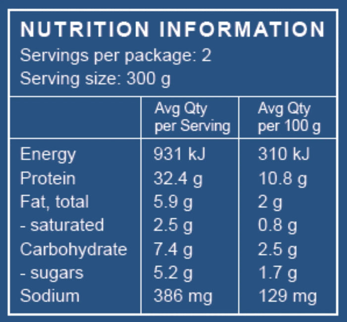 Nutrition info for organic ready meal: 300g serving, high protein, low sugar, no preservatives