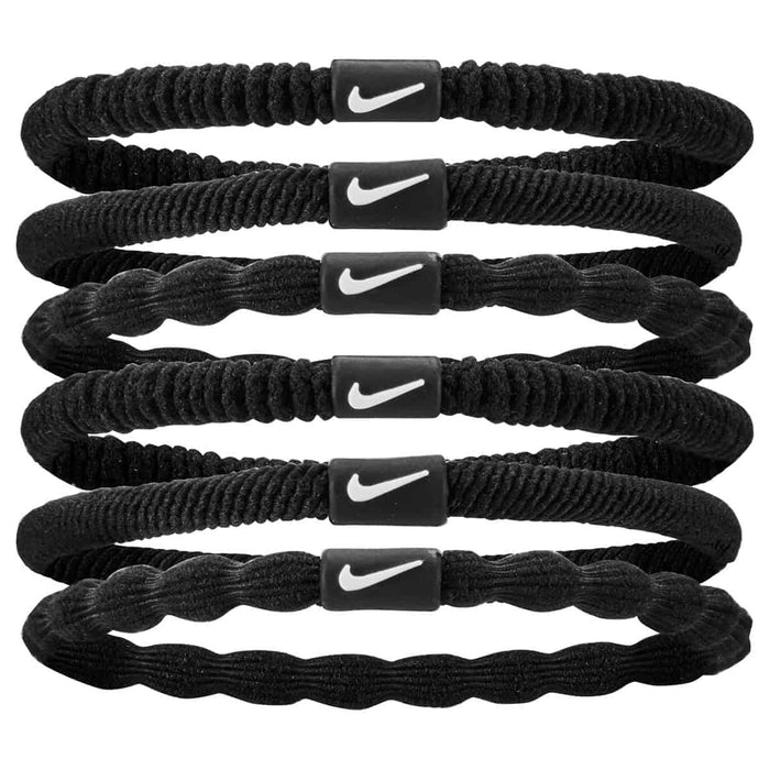 Set of six Nike Flex hair ties in black, black, and white, designed for secure and comfortable hair styling.