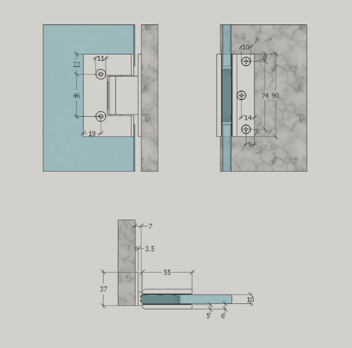FORGE BRUSHED BRASS SHOWER HINGE GLASS TO WALL L-SHAPE 90 Degrees 10mm glass - Brushed Brass