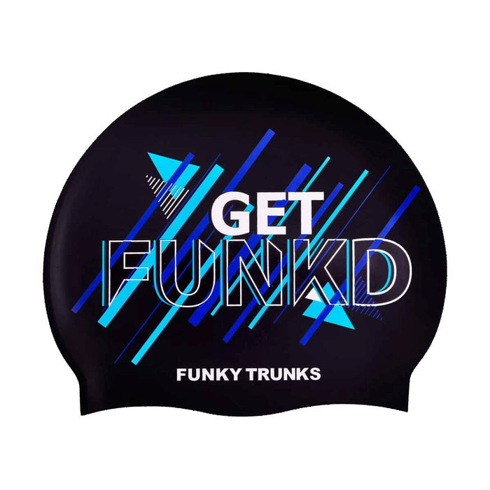 Way Funky Funkd swim cap in black and multi colors, stylish and comfortable swim hat for all ages.