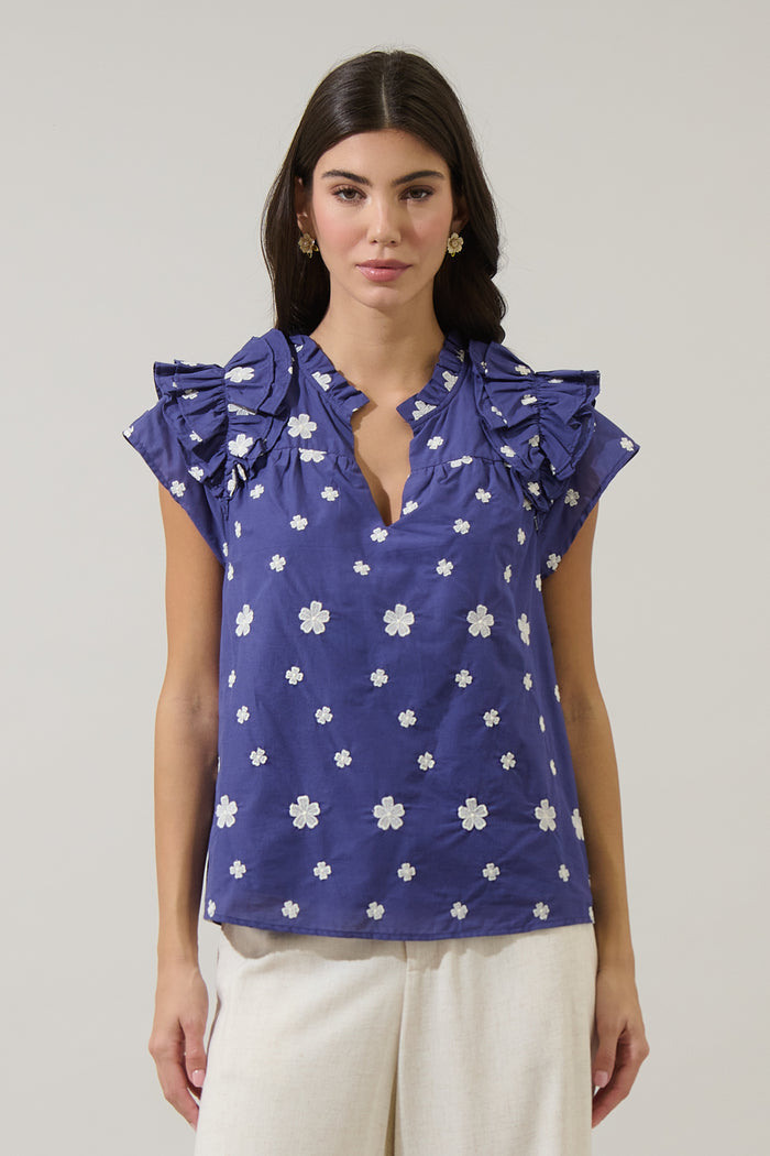 Gilla Embroidered Ramona Ruffle Split Neck Top