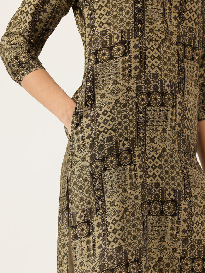 Green Abstract Printed Kurta, Mandarin Collar kurta, printed kurta, Straight Kurta, Abstract Print