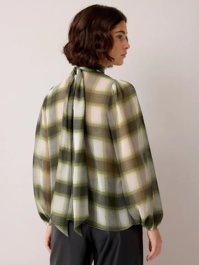 Green Check Scarf Detail Chiffon Blouse