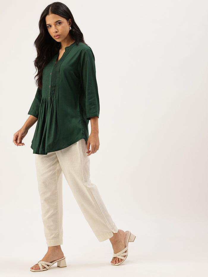 Green Mandarin Collar Tucks Detail Tunic