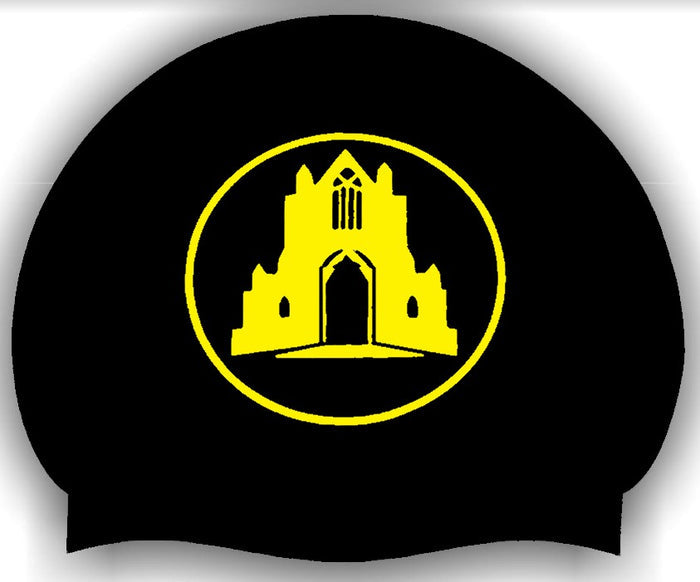 Guisborough Black 3-pack club logo swimming caps by AK Club Kit, featuring black and yellow design with club branding.