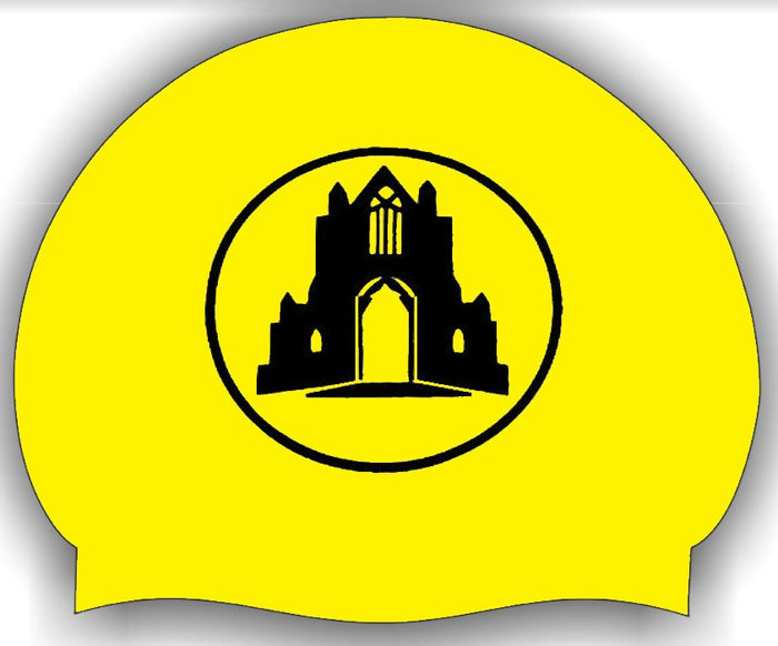 Yellow and black Guisborough Yellow Club Logo swimming cap by AK Club Kit, featuring the club emblem on a sleek silicone design.