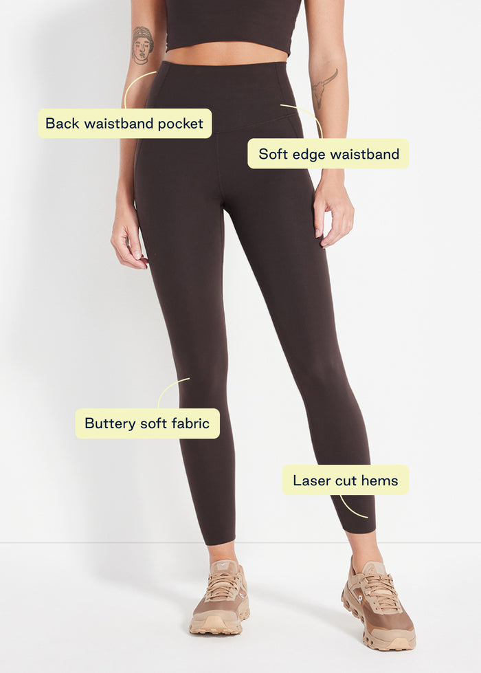 Detail image showing black leggings with soft waistband, buttery fabric and laser-cut hems
