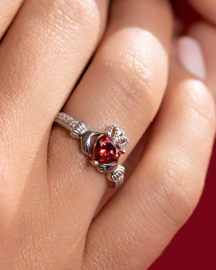 January Birthstone Garnet Sterling Silver Claddagh Ring