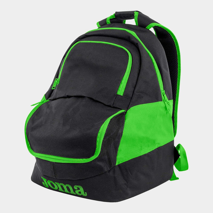 Joma Diamond II backpack in black with fluo green accents, featuring multiple compartments and adjustable straps for everyday use.