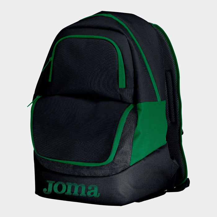 Joma Diamond II backpack in black and green with adjustable shoulder straps and multiple compartments for storage.