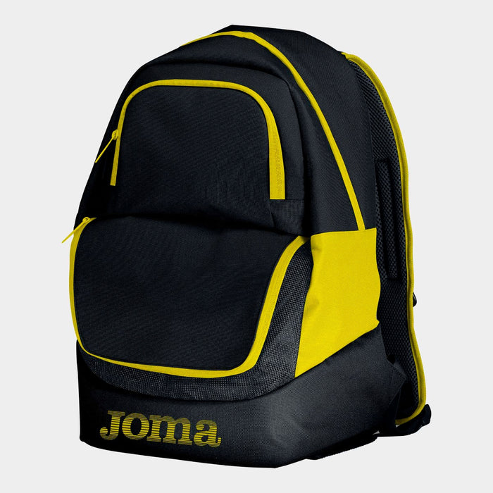 Joma Diamond II backpack in black and yellow with multiple compartments and adjustable straps, designed for sports and daily use.