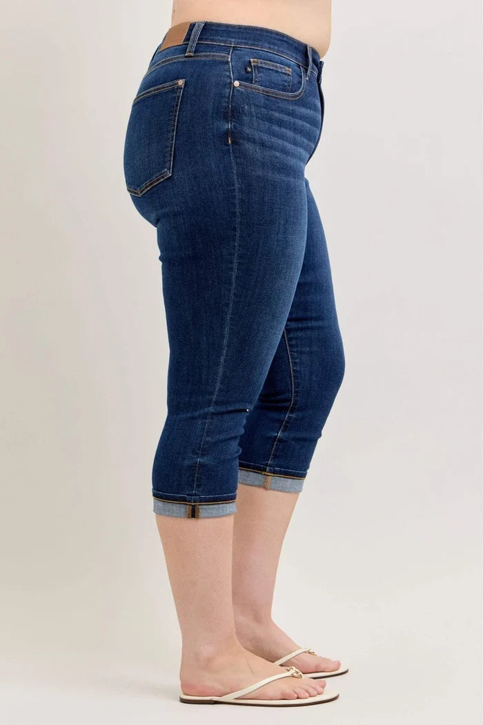 Judy Blue High Waist Dark Denim Capri with Cuff Jeans
