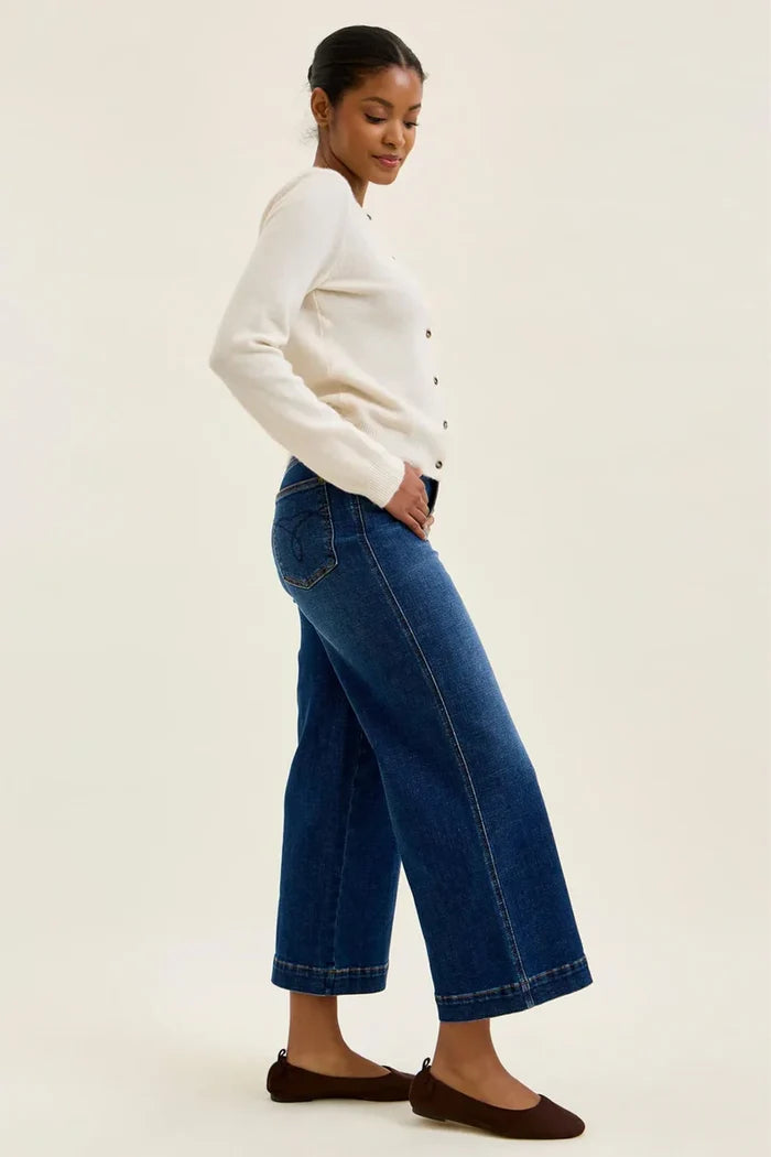 Judy Blue High Waist Tummy Control Claudia Ankle Wide Leg Dark Deep Indigo Jeans