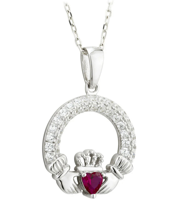 July Birthstone Ruby Sterling Silver Claddagh Necklace