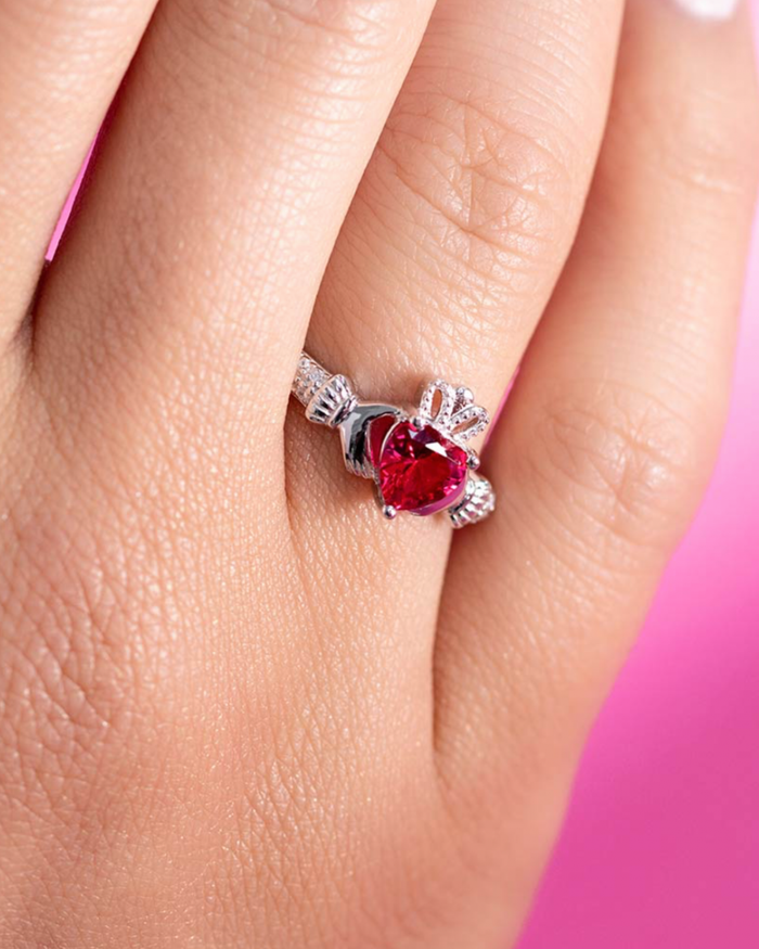 July Birthstone Ruby Sterling Silver Claddagh Ring