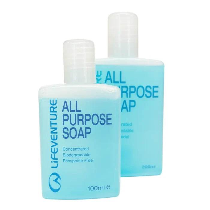 A 100ml and 200ml bottle of Life Venture All Purpose Liquid Soap shown next to each other as a size comparison on a plain white background.