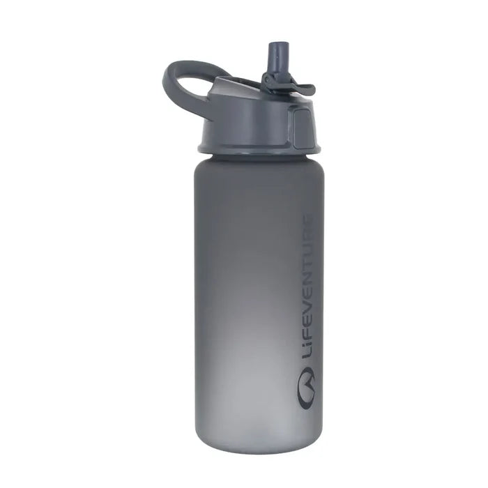 Front detail of a Lifeventure Tritan Plastic Flip-Top Water bottle in grey with the drinking spout extended
