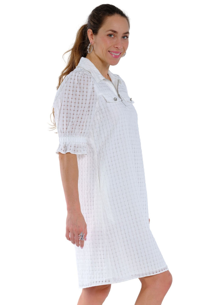LIOR Camila casual white shirt-style midi dress with half-zip front and breathable textured fabric