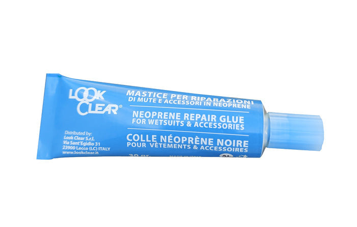 Look Clear Neoprene Glue 30g in black, a flexible adhesive for neoprene accessories, shown in a clear container.