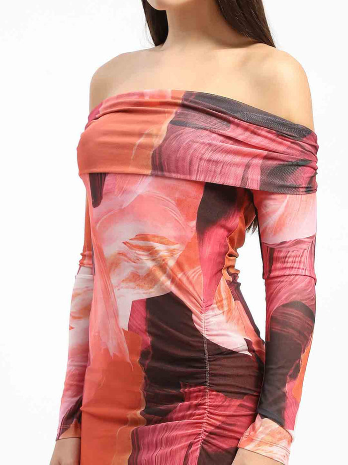 Madame Abstract Print Off Shoulder Semi Sheer Orange Maxi Dress