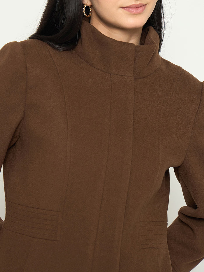 Madame Brown Mock Neck Long Coat with Buttons