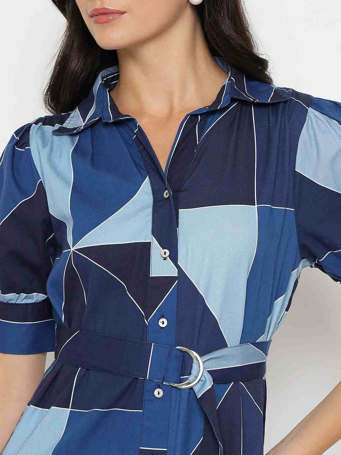 Madame Geometric Print Belted Blue Maxi Shirt Dress