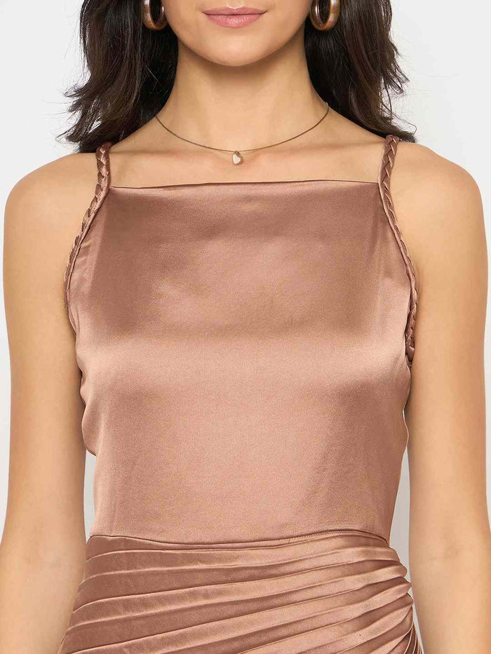Madame Pleated Satin Light Brown Midi Dress