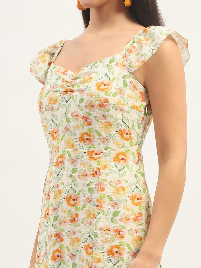 Madame Printed Front Slit Fit And Flare Ivory Dress