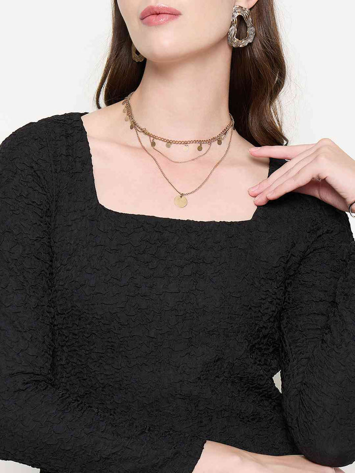 Madame Self Design Black Sheath Waffle Dress