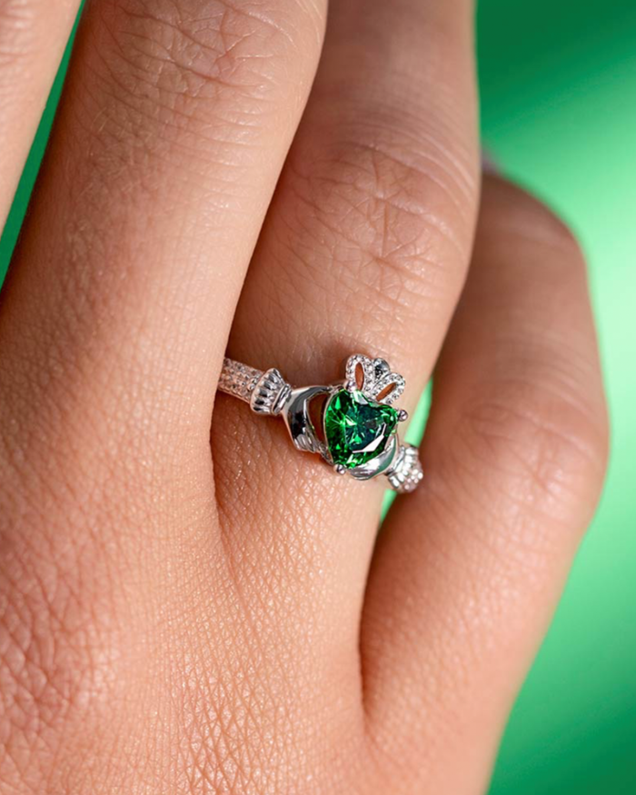 May Birthstone Emerald Sterling Silver Claddagh Ring