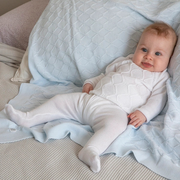 Met White Knitted Diamond Print Cotton Baby Set