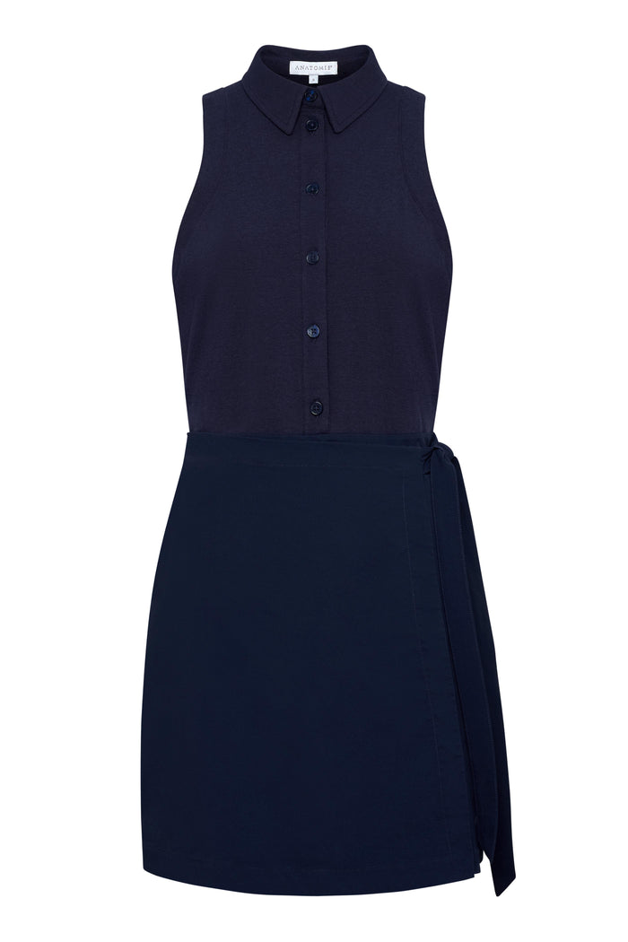 Milana Sleeveless Collared Button Up Wrap Dress in Navy