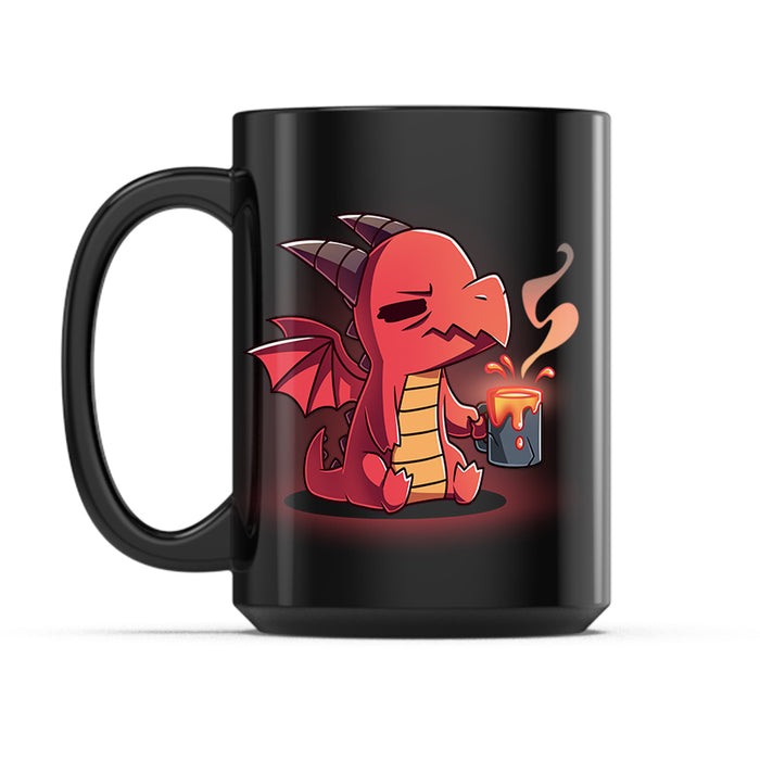 Ceramic Mug_TeeTurtle Morning Magma black mug featuring a sleepy dragon holding a cup of coffee.