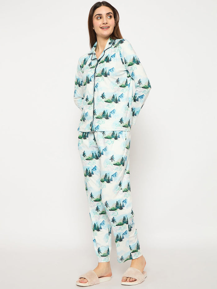 mSECRET Botanical Print Notch Lapel Top and Bottom Teal Night Suit
