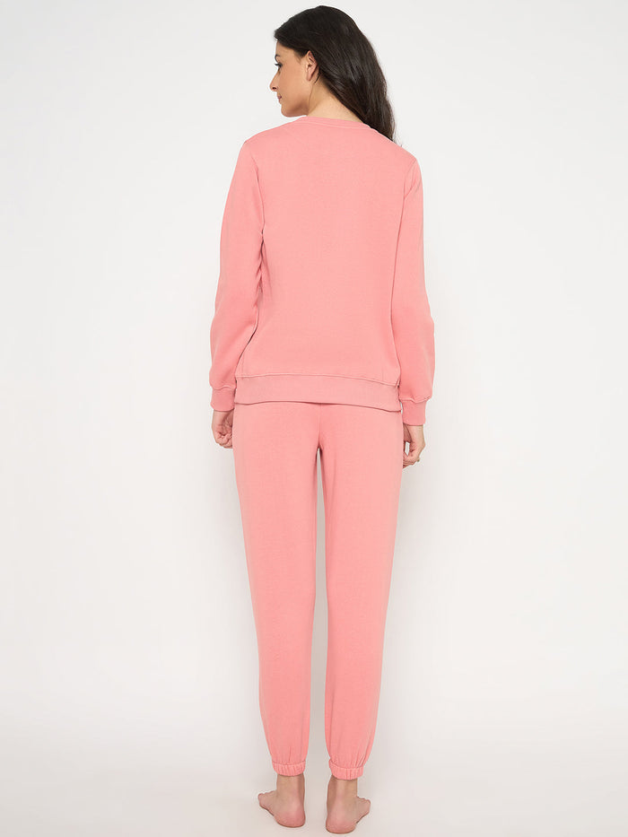 mSECRET Cotton Blend Embossed Detailed Top and Bottom Pink Night Suit