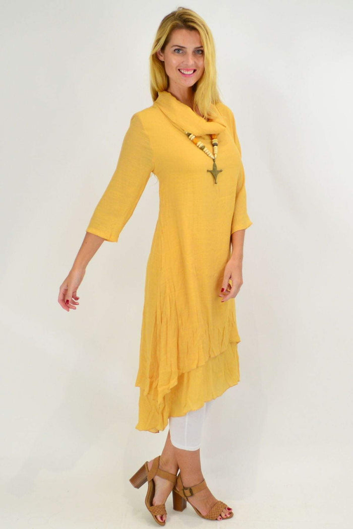 Yellow Mustard Cowl Neck Tunic Dress by Whispers, showcasing soft fabric and relaxed fit with a stylish cowl neckline.