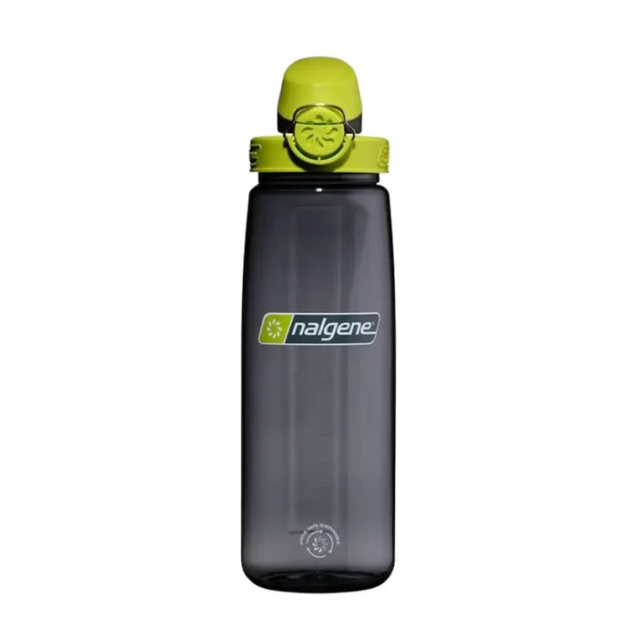 Front detail of a Nalgene 24oz Lock Top Sustain Bottle in grey on a white background showing the lockable lid