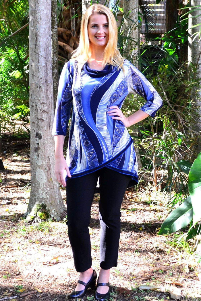 Navy cowl neck tunic top by Whispers with a relaxed fit and soft fabric, styled with long sleeves and a draped neckline.