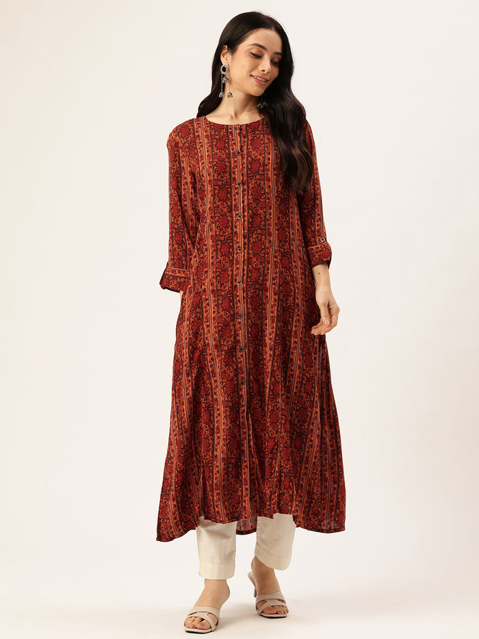 Orange Stripe Printed Kurta, Princess Cur Kurta, A-Line Kurta, Floral Print, Round Neck kurta, printed kurta, Stripe Printed