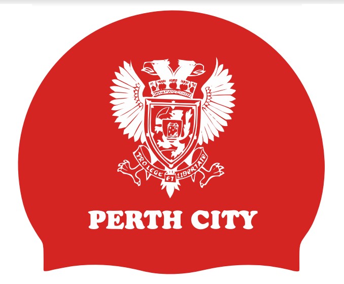 Perth 3-pack AK Club Kit swimming caps with red and white club logos, made for competitive swimming and team events.