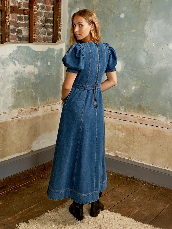 Petite Blue Denim Puff Sleeve Midi Dress