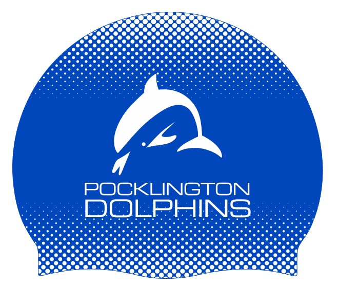 Blue and white Pocklington Club Logo swimming cap by AK Club Kit, featuring the club's logo on a sleek silicone cap.