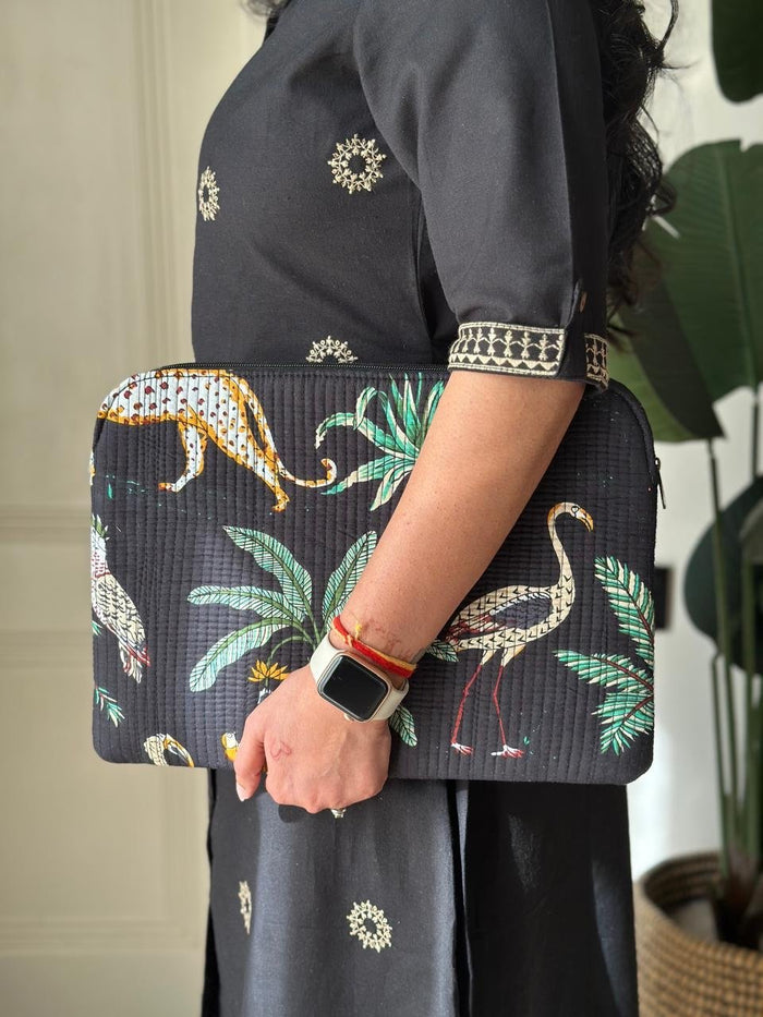 Quilted Laptop Sleeve- Black Jungle