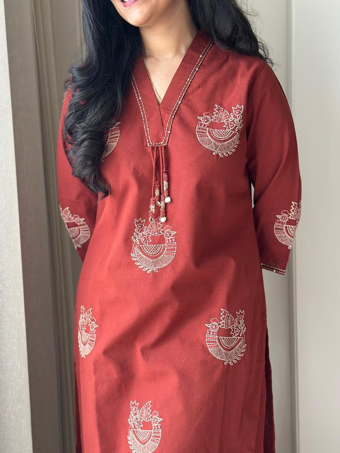 Raisha Embroidered Pant Set- Brick