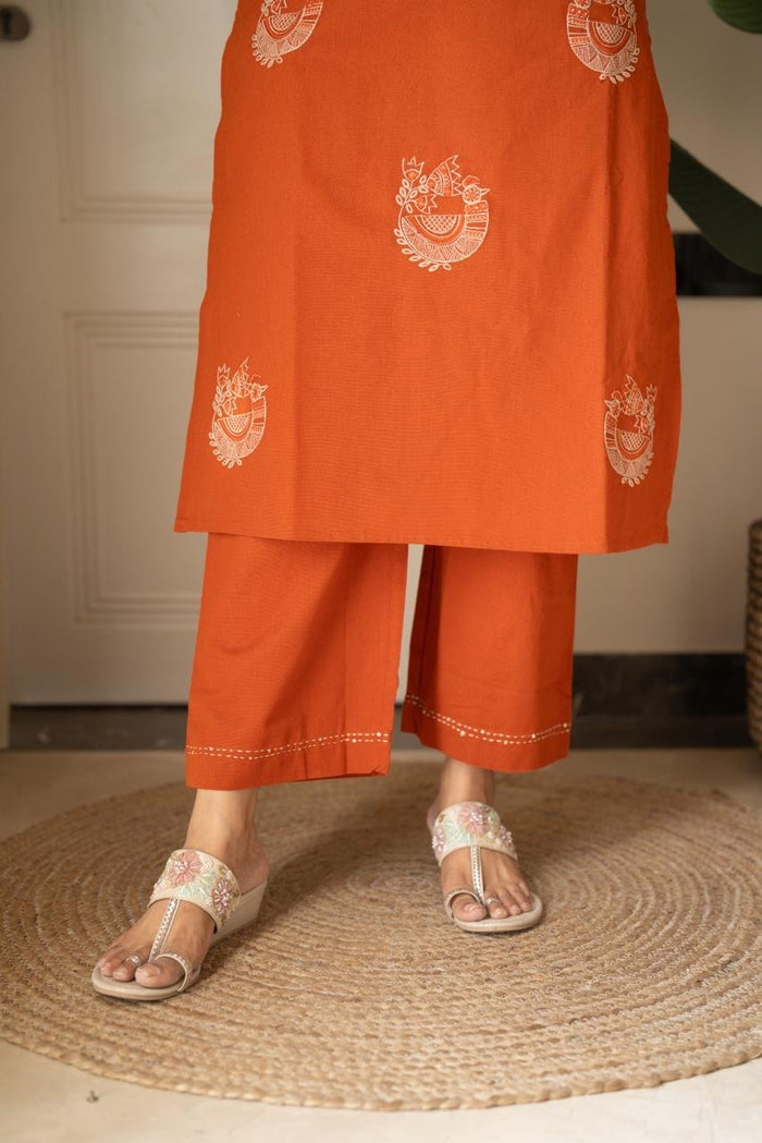 Raisha Embroidered Pant Set- Orange