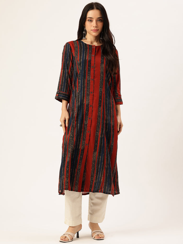 Red & Blue Stripe Printed Kurta, Princess Cur Kurta, A-Line Kurta, Print, Mandarin Collar kurta, printed kurta