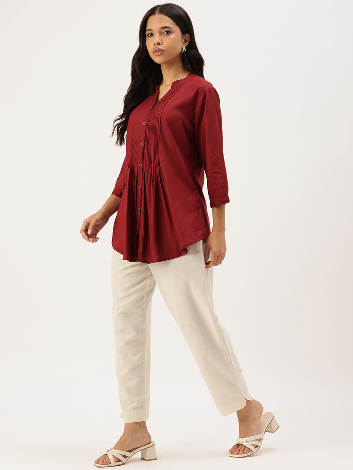 Red Mandarin Collar Tucks Detail Tunic