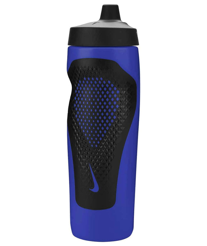 Nike Refuel Bottle Grip 24oz water bottle in Game Royal, black, and white with a textured grip and Nike logo.