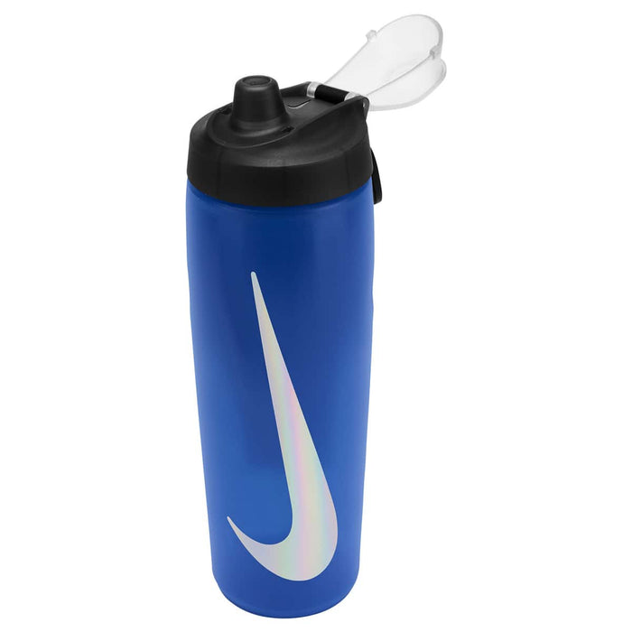 Nike Refuel 24oz water bottle with locking lid in Game Royal, black, and silver iridescent finish, designed for hydration on the go.