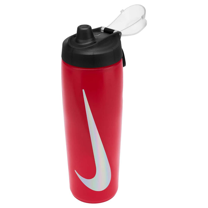 Nike Refuel 24oz water bottle with locking lid in University Red, black, and silver iridescent finish.